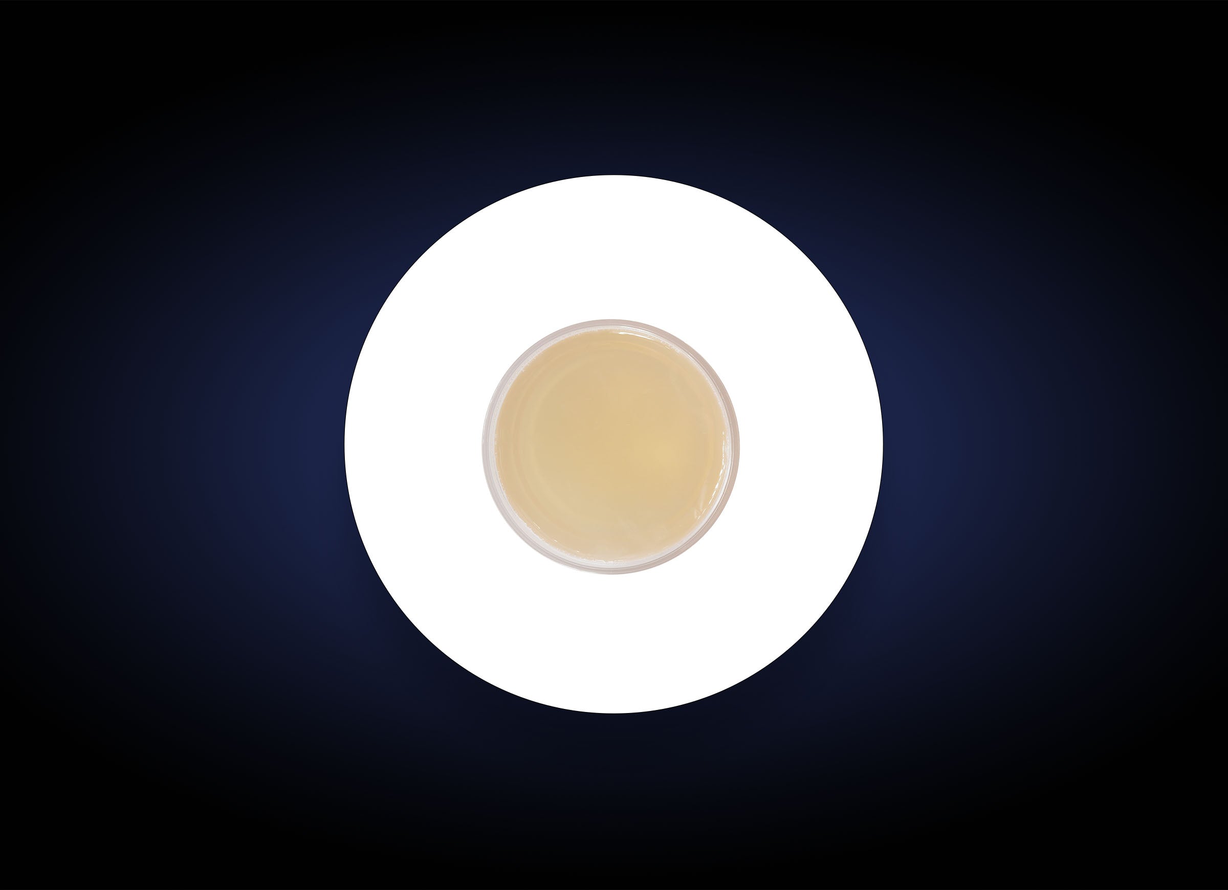 A top-down view of a cup filled with a light beige liquid, possibly tea or coffee, placed on a white circle against a dark background. The contrast between the white circle and dark backdrop highlights the cup centrally, akin to how the Blemish Control Bar targets acne breakouts on oily skin.