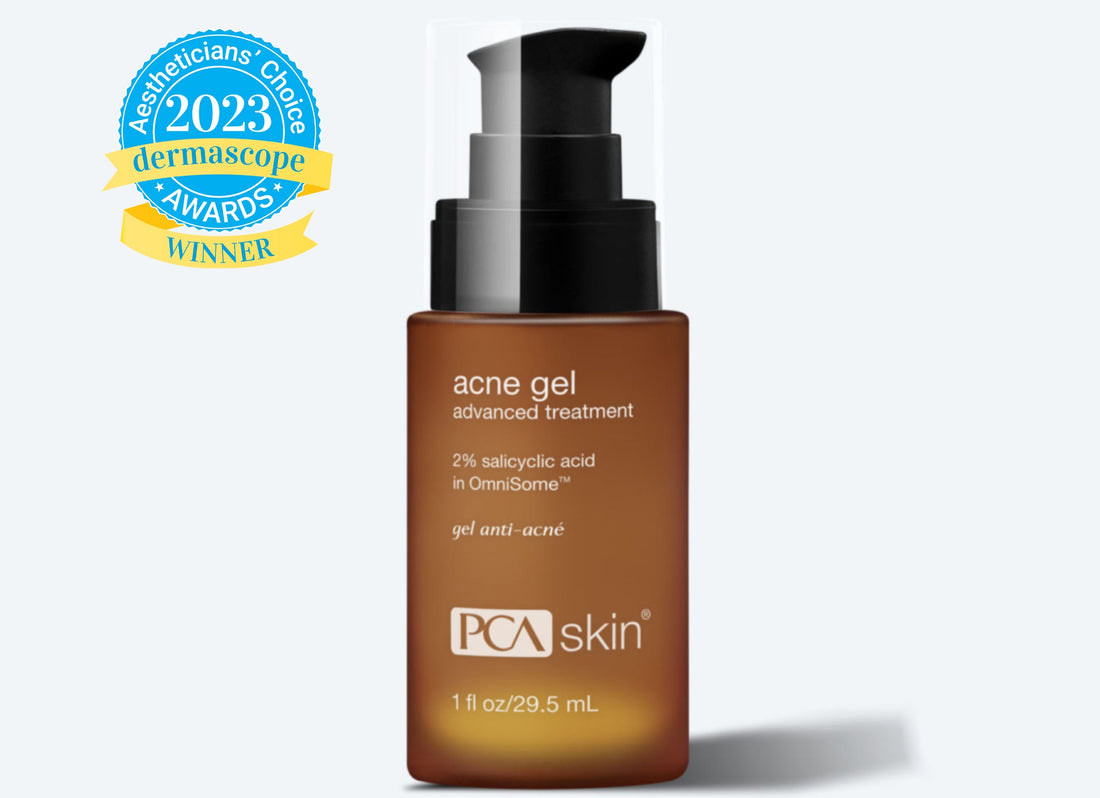 A bottle of Acne Gel with Omnisome 30ml is depicted. The brown bottle features a black pump, while a blue and yellow badge beside it highlights the product as a 2023 Dermascope Aestheticians&