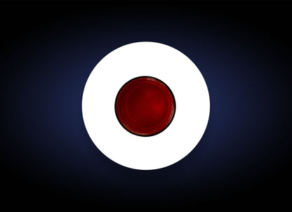 Aerial view of a round, red object centered on a dark blue background with a white circular border around it. The red object, resembling a glossy Pigment Bar, creates a striking visual effect with its vibrant color contrast and polished finish.