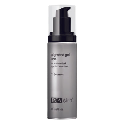 A silver cylindrical bottle of Pigment Gel Pro, an intensive dark spot corrective treatment featuring the SynerPro Complex for advanced discoloration reduction. The bottle has a black pump dispenser and a clear plastic cap. The text on the bottle indicates it is 1 fl oz (29 mL) and used for correcting dark spots.