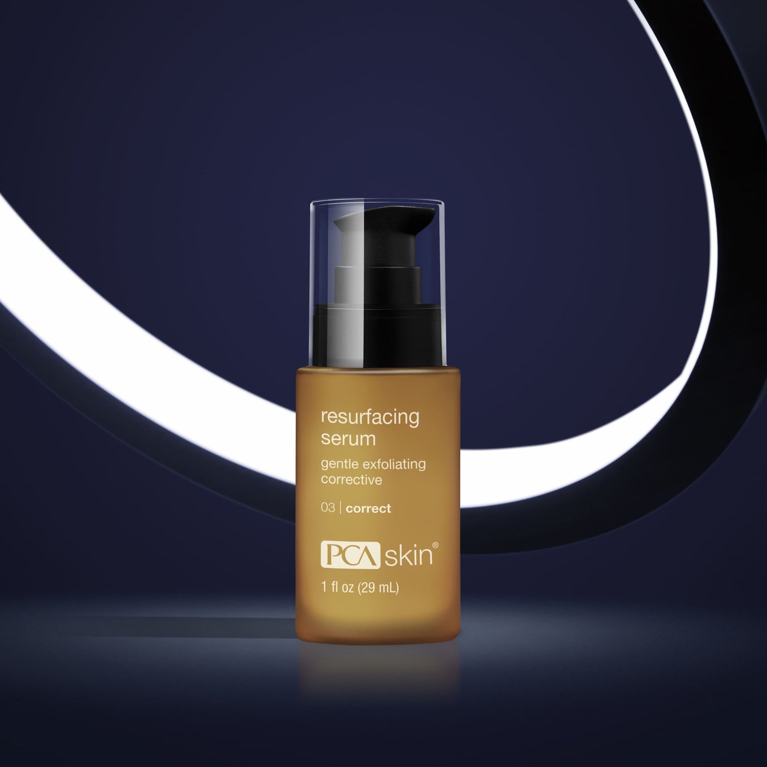 A bottle of Resurfacing serum with a black cap is placed against a dark background with a curved, white light accent. The label indicates it is a gentle exfoliating corrective serum designed to resurface and exfoliate dull skin, promising a glowing complexion. It contains 1 fl oz (29 mL) of product.