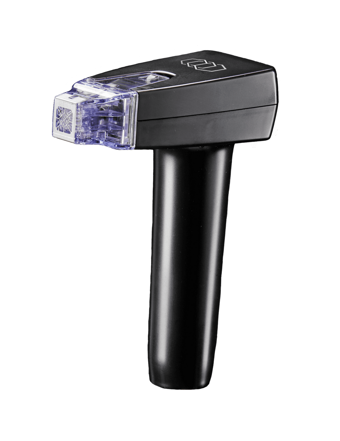 A handheld, black Morpheus8 Hand Piece with a rectangular, transparent scanning head displaying circuitry on the front. The device, used for epidermal resurfacing, has a sleek ergonomic handle designed for comfortable grip and operation.