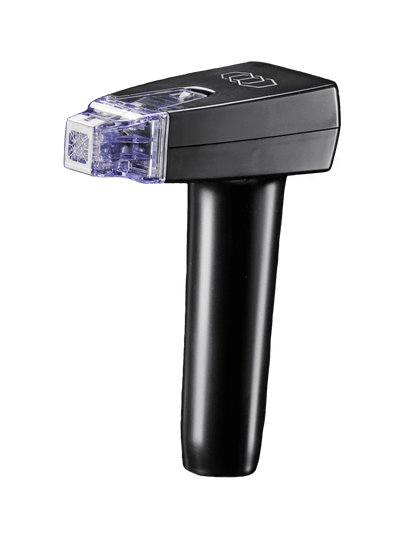 A handheld, black Morpheus8 Hand Piece with a rectangular, transparent scanning head displaying circuitry on the front. The device, used for epidermal resurfacing, has a sleek ergonomic handle designed for comfortable grip and operation.