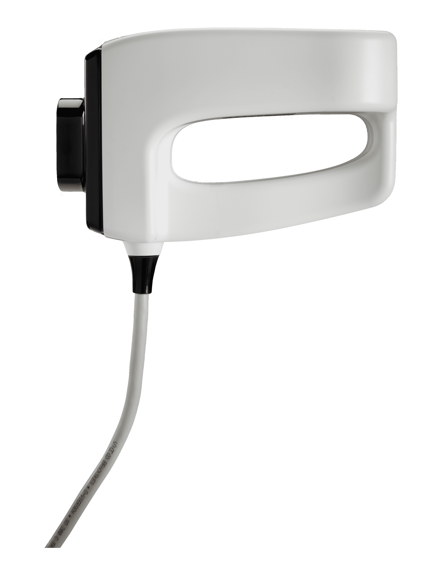 A white, curved, modern-looking handle attached to a black mounting fixture with a gray cord extending from the bottom. The MiniFX Hand Piece, designed for non-invasive treatment, has a large central cutout for a firm grip.