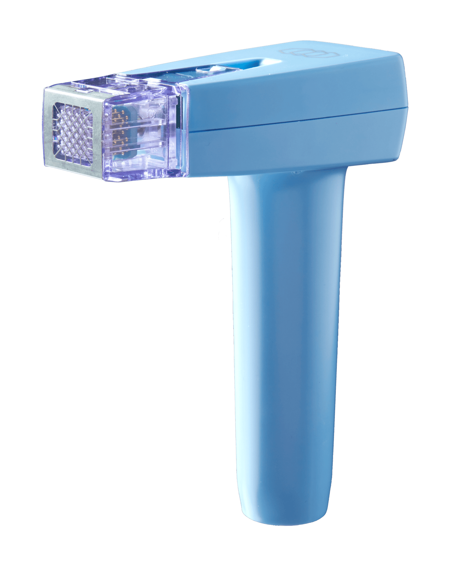 Blue, handheld medical device with a square, transparent tip featuring a grid pattern, designed for subdermal adipose remodeling or therapy. The device has a sleek, ergonomic handle and incorporates Morpheus8 (Body) Hand Piece technology in its simple, modern design.