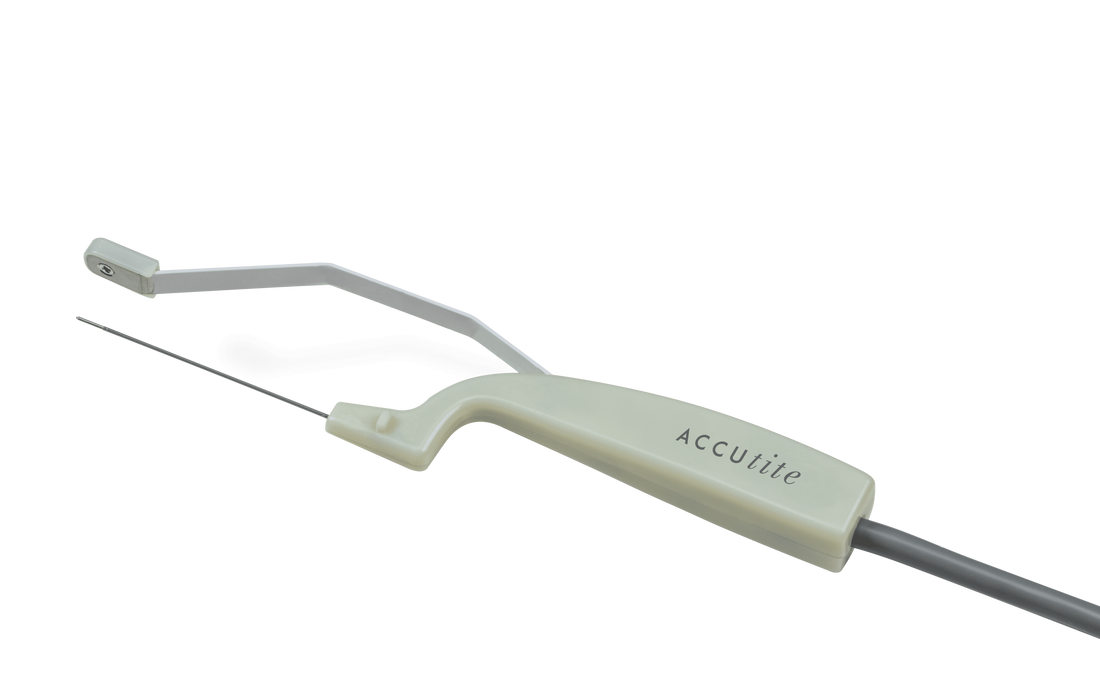 An Accutite Hand Piece with a white handle and a slender metal probe extending from it, used for precise medical procedures, integrates focal RF contraction. The brand name &quot;Accutite Hand Piece&quot; is printed on the handle. The background is solid black.