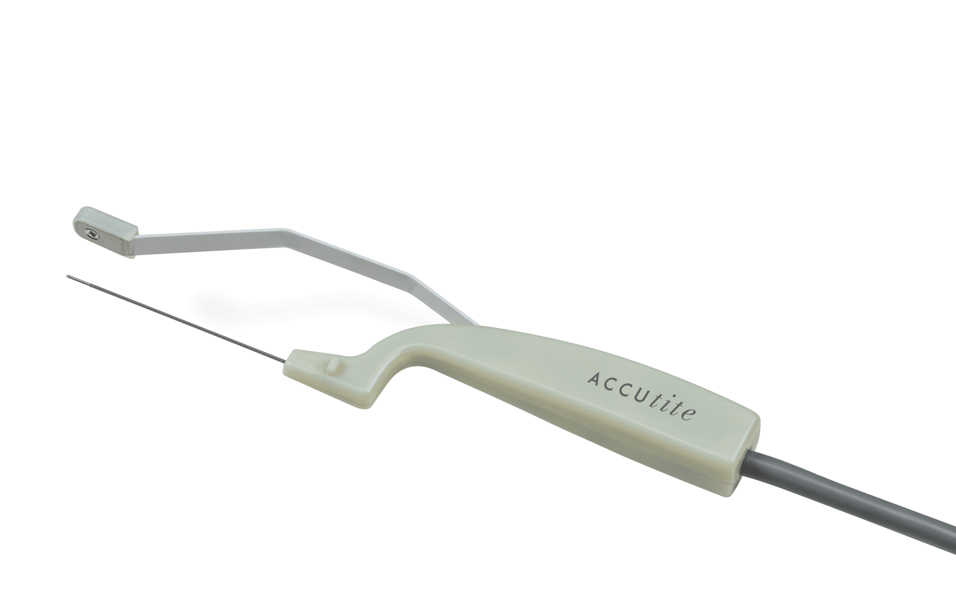 An Accutite Hand Piece with a white handle and a slender metal probe extending from it, used for precise medical procedures, integrates focal RF contraction. The brand name &quot;Accutite Hand Piece&quot; is printed on the handle. The background is solid black.