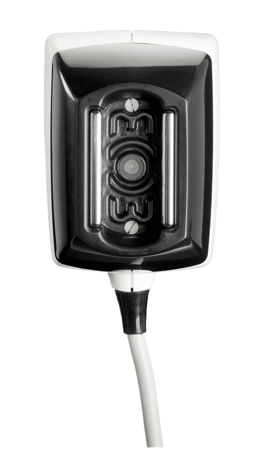 A black and white electronic device with a rectangular shape and a lens in the center, mounted on a white background. It has a cable extending from the bottom, designed for enhanced body contouring and improved blood circulation, called the BodyFX Hand Piece.