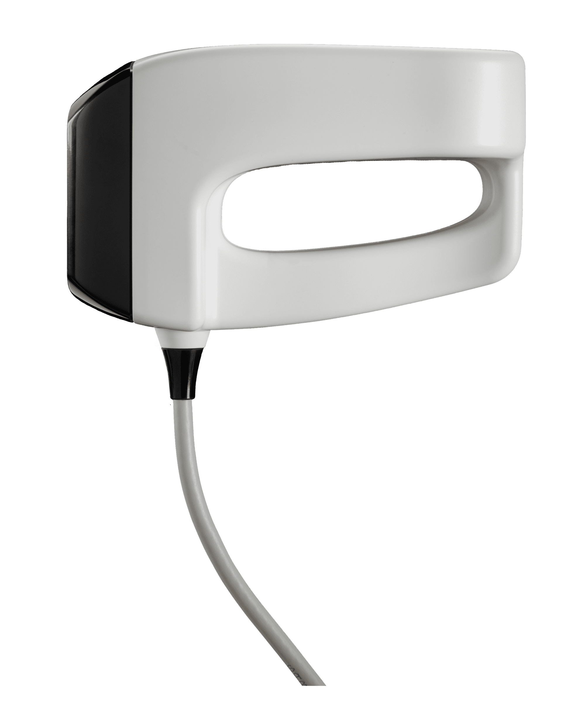 A white and black BodyFX Hand Piece with a rectangular handle and a cable extending downward, ideal for applications like cellulite reduction and improved blood circulation. The device is isolated against a transparent background.