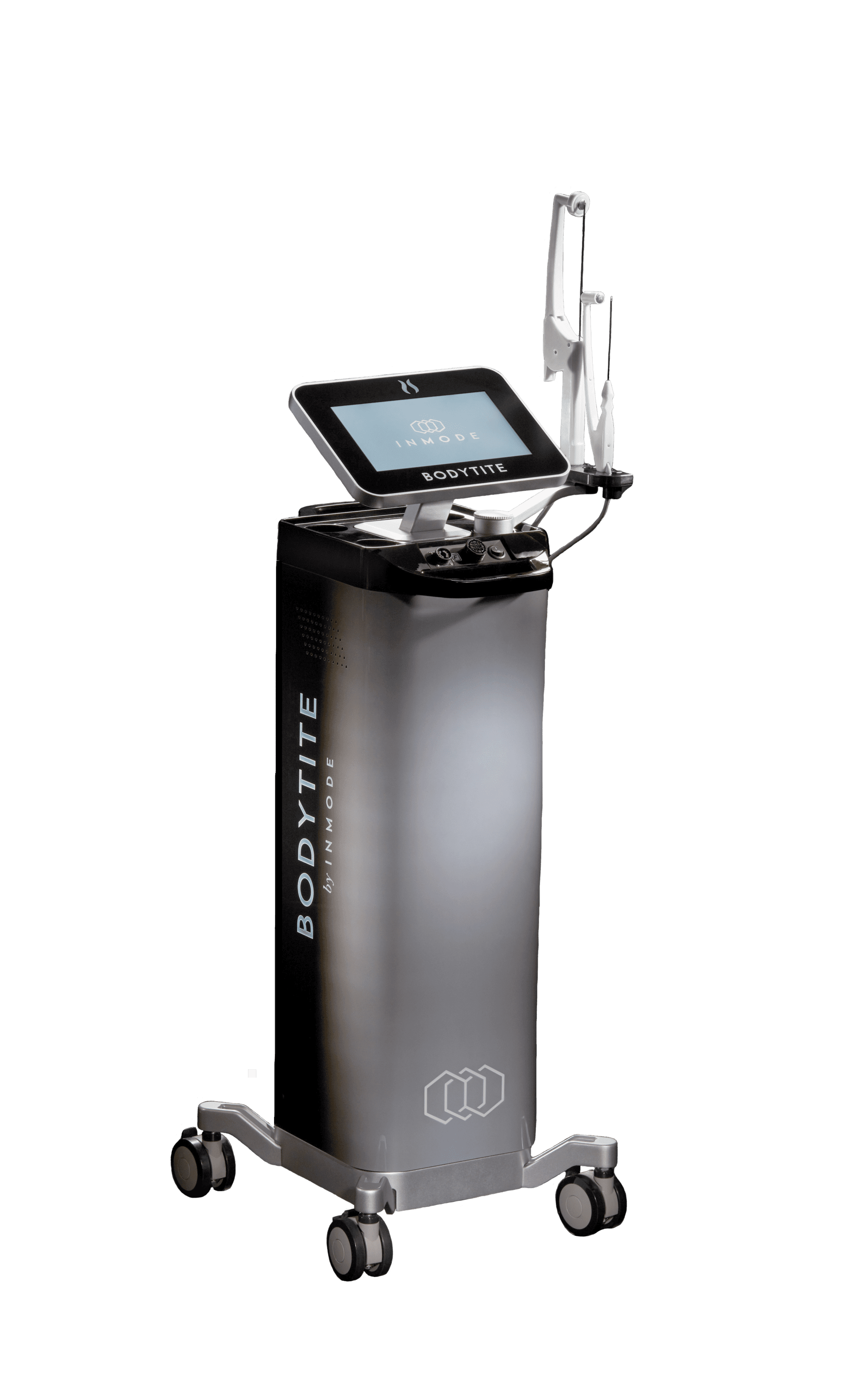 A Bodytite machine, designed for minimally invasive body contouring using radiofrequency technology, stands on a wheeled base with a sleek black and silver design. It features a touchscreen interface and a connected handpiece. The branding &quot;BodyTite by InMode&quot; is visible on its side.
