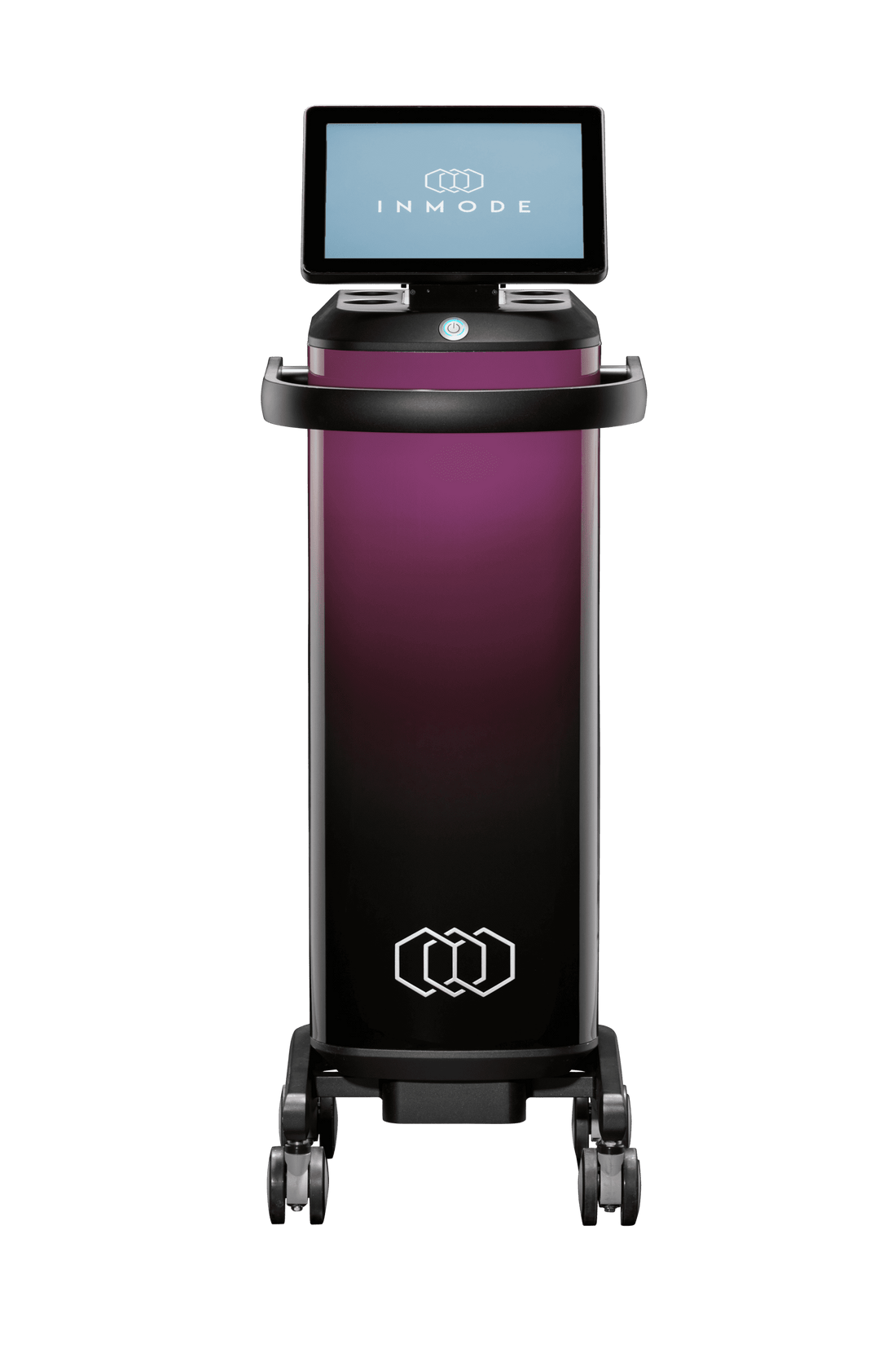 A tall, sleek medical device with a touch screen displaying the word &quot;INMODE,&quot; this advanced in-office solution features a rectangular, gradient purple-to-black body and rests on wheels for mobility. A circular logo is seen at the base, making it ideal for women&