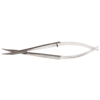 A pair of small, spring handle Westcott Tenotomy Scissors with medium blades. Made of stainless steel, these surgical scissors feature fine, sharp blades and textured grips on the curved handles for better control.