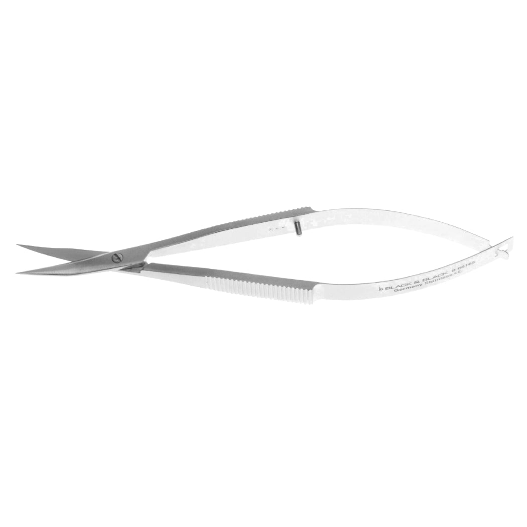 A pair of Westcott Stitch Scissors, 4-1/4″ (11cm), Curved, 18mm Blades Sharp Tips with sharp tips, curved handles, and small, precise blades commonly used for surgical or medical purposes. The handles have a textured grip for better control, ensuring accuracy and ease of use.