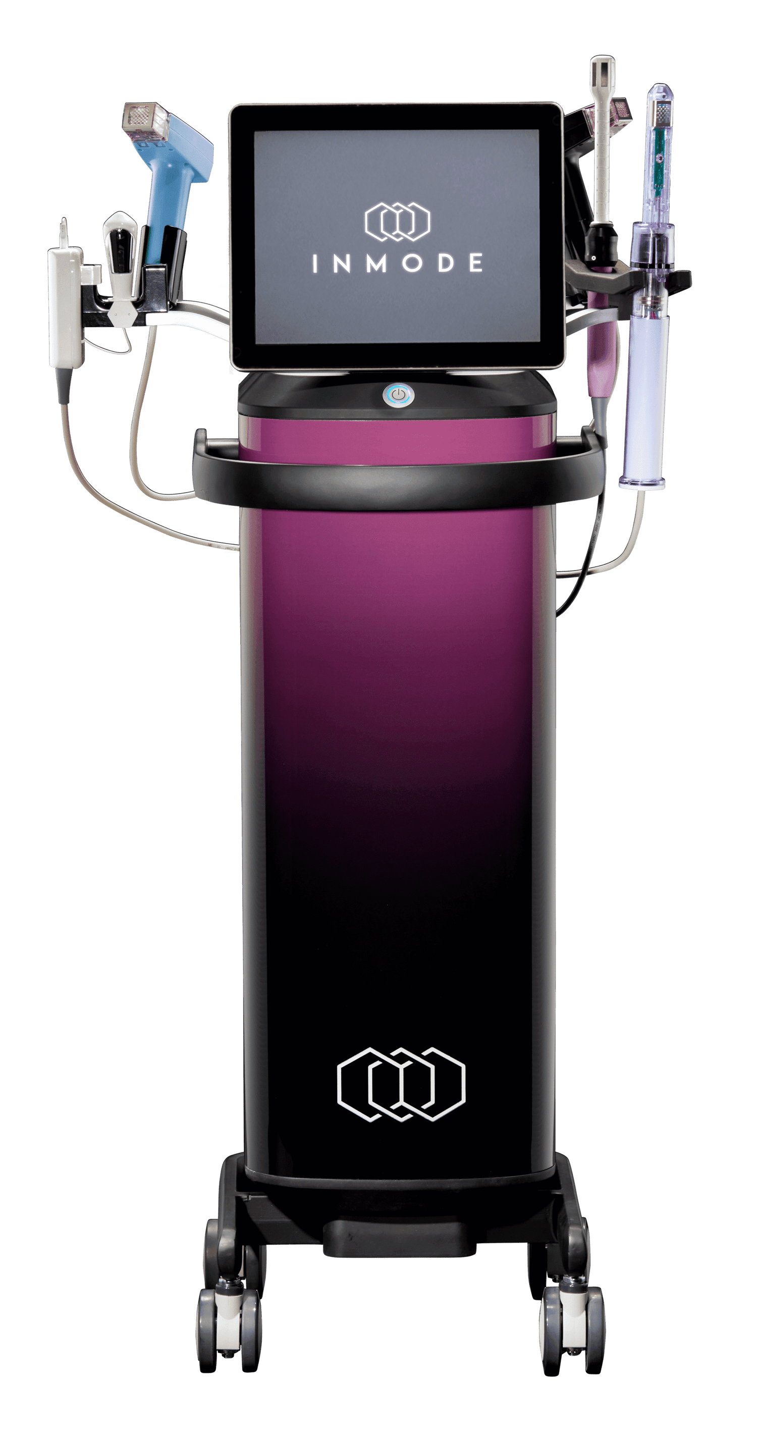 A sleek, upright medical device on wheels with a touchscreen labeled &quot;INMODE,&quot; the Empower offers an advanced in-office solution. The device has various attached instruments and probes, likely used for women&