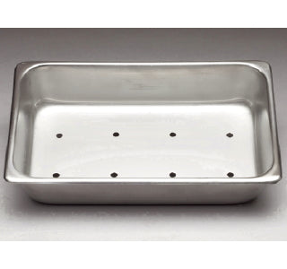 A Sterilizing Pan Stainless Steel with a smooth interior and eight evenly spaced small round holes on the bottom. The metal tray has slightly curved corners and a flat rim along the top edge.