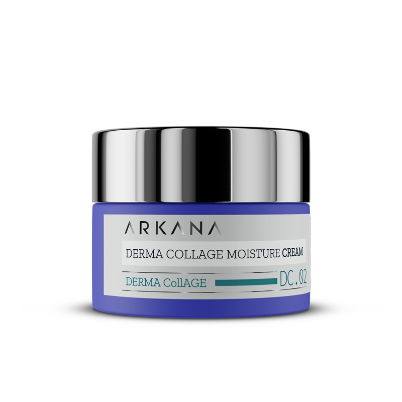 A sleek blue and silver jar labeled "Derma Collage Moisture Cream 50ml" sits on a white background, showcasing its modern, minimalistic design and premium skincare appeal.