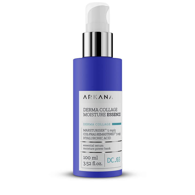 A 100ml blue and white bottle of Derma Collage Moisture Essence with a silver pump, labeled as a hydrating serum with collagen and hyaluronic acid.