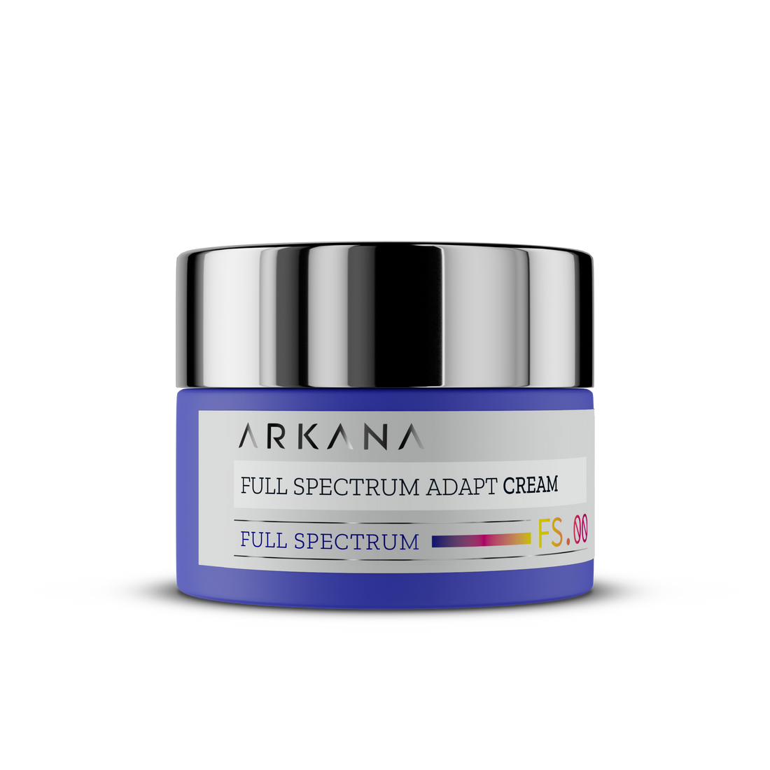 A 50ml jar of Full Spectrum Adapt Cream with a shiny silver lid, blue container, and “Full Spectrum FS.08” label on a white background.