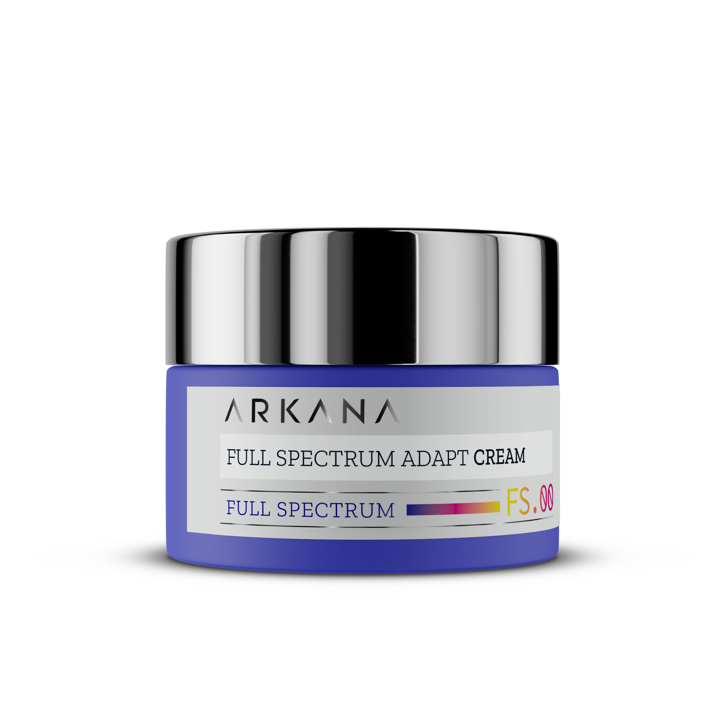 A 50ml jar of Full Spectrum Adapt Cream with a shiny silver lid, blue container, and “Full Spectrum FS.08” label on a white background.