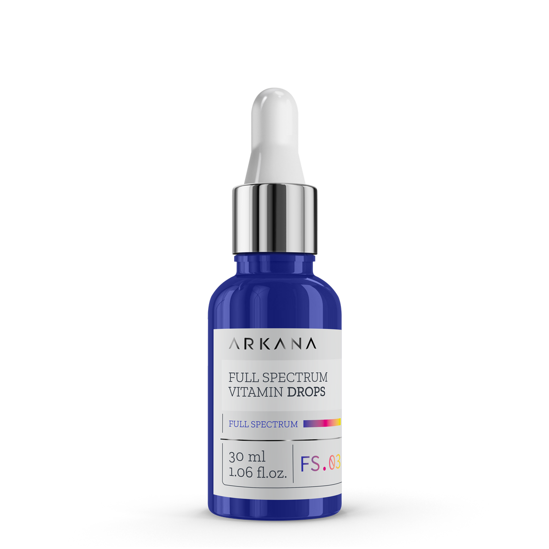 A blue glass dropper bottle with a white cap labeled "Full Spectrum Vitamin Drops 30ml" is shown on a white background.