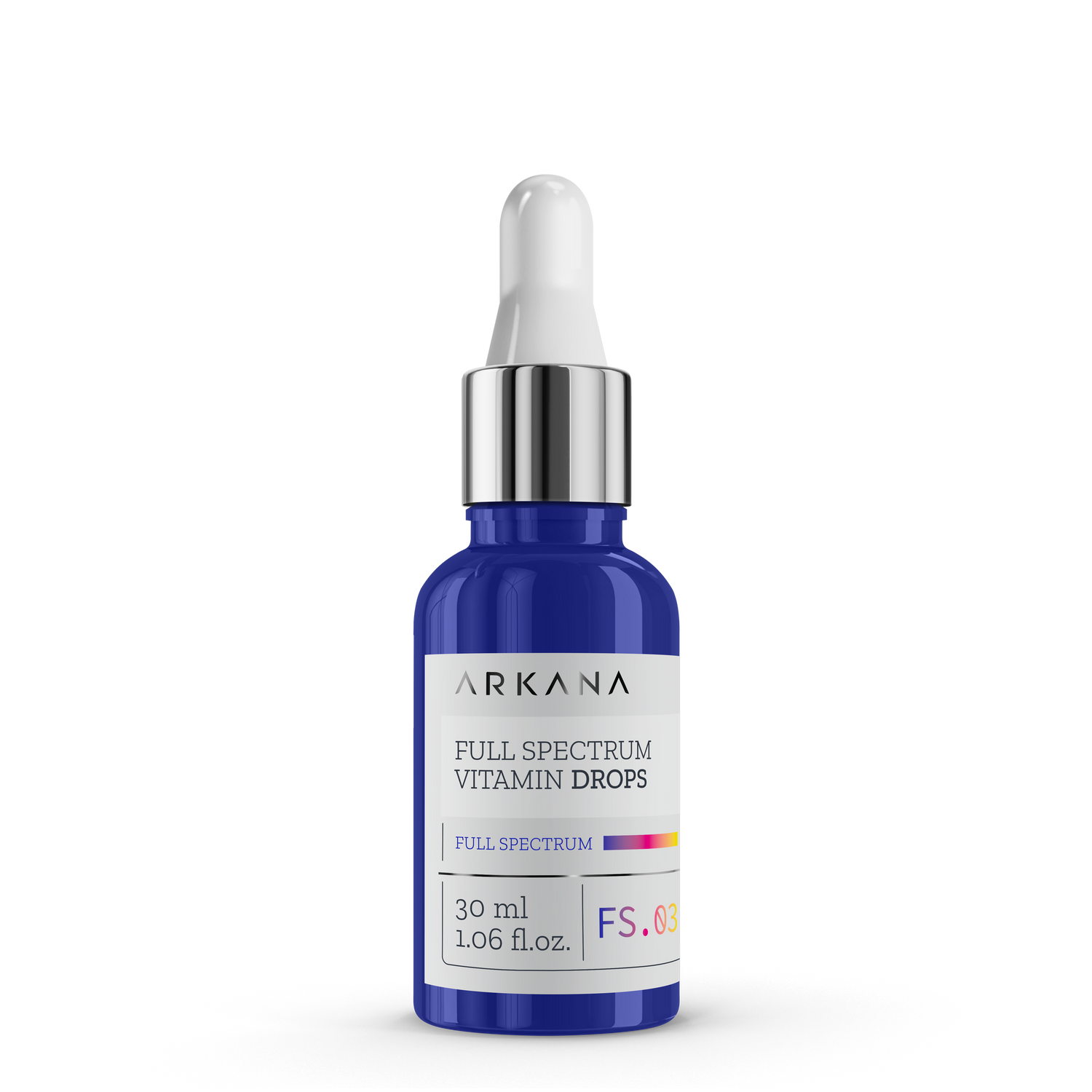 A blue glass dropper bottle with a white cap labeled "Full Spectrum Vitamin Drops 30ml" is shown on a white background.