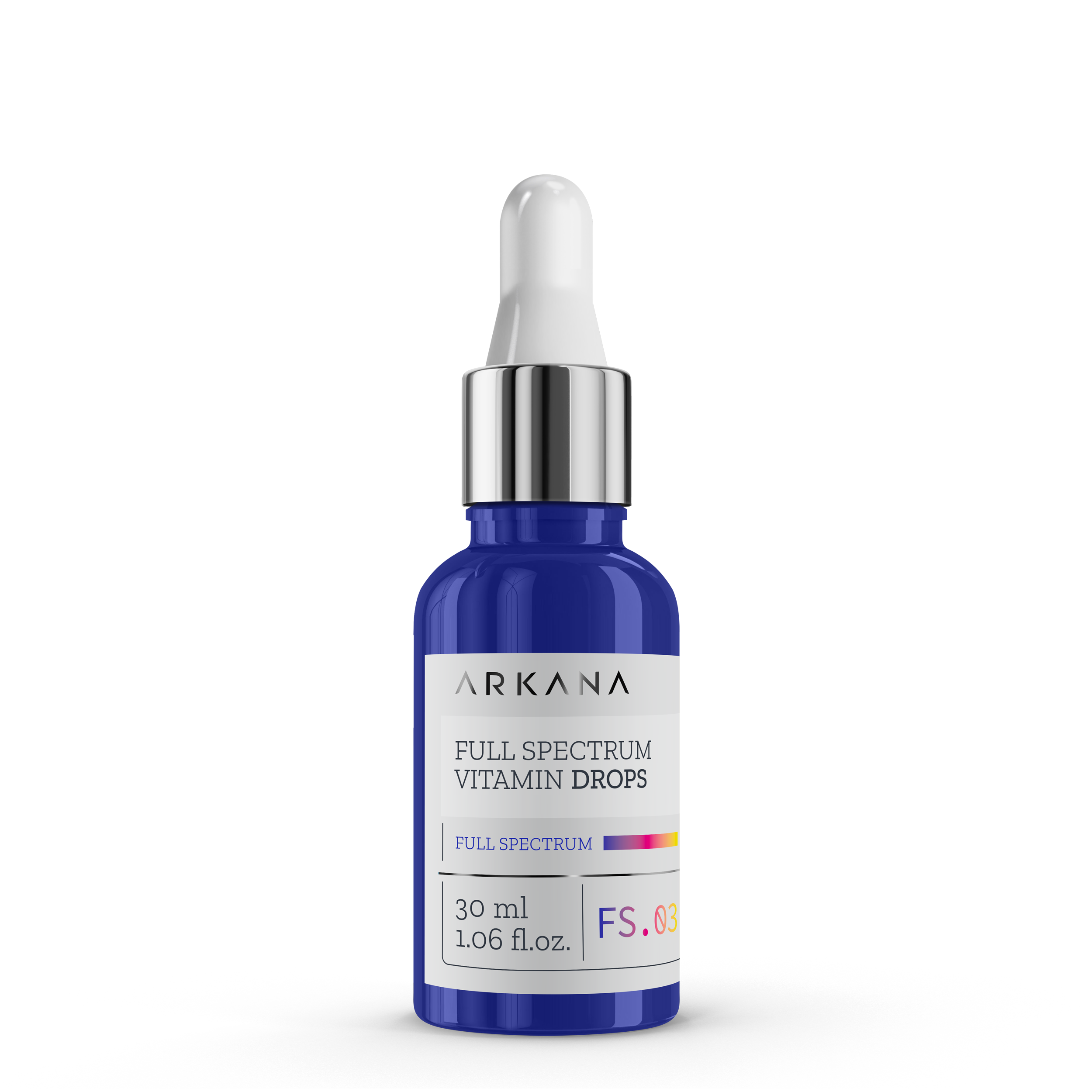 A blue glass dropper bottle with a white cap labeled "Full Spectrum Vitamin Drops 30ml" is shown on a white background.