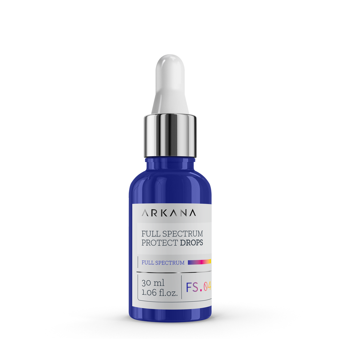 A blue glass bottle with a white label and silver dropper cap, labeled "Full Spectrum Protect Drops SPF30 30ml," sits on a plain white background—an elegant way to protect your skin daily.