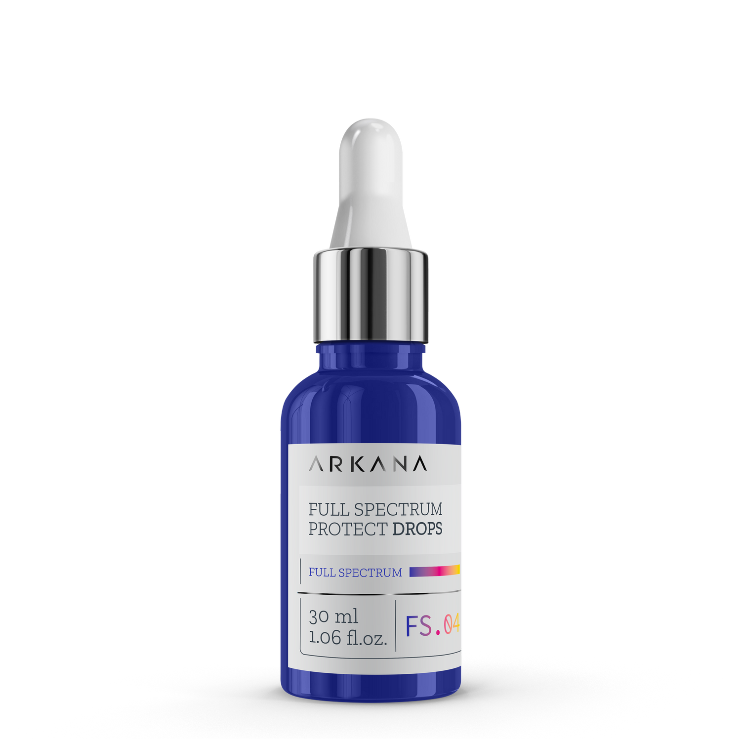 A blue glass bottle with a white label and silver dropper cap, labeled "Full Spectrum Protect Drops SPF30 30ml," sits on a plain white background—an elegant way to protect your skin daily.