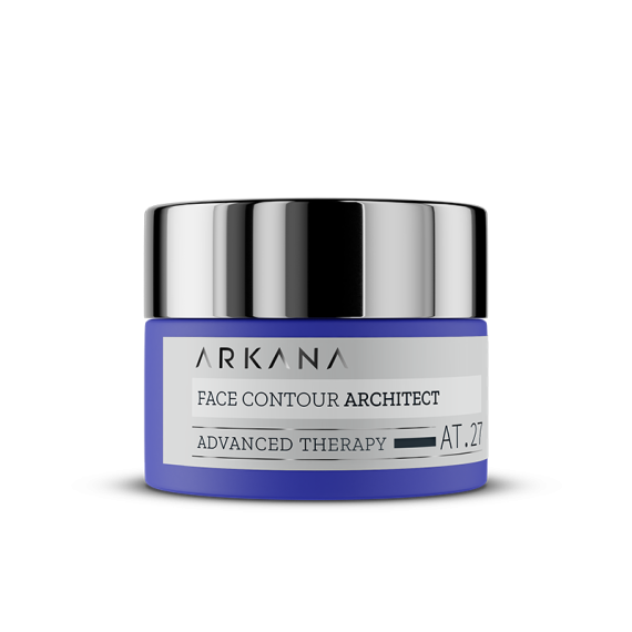A blue and silver jar labeled "Face Contour Architect 50ml" sits on a white background, highlighting a premium cream designed to enhance facial contours.