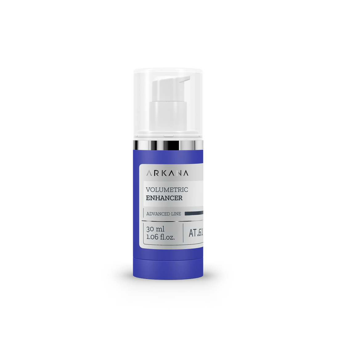A blue and white pump bottle labeled "Volumetric Enhancer 30ml" stands upright on a plain white background.