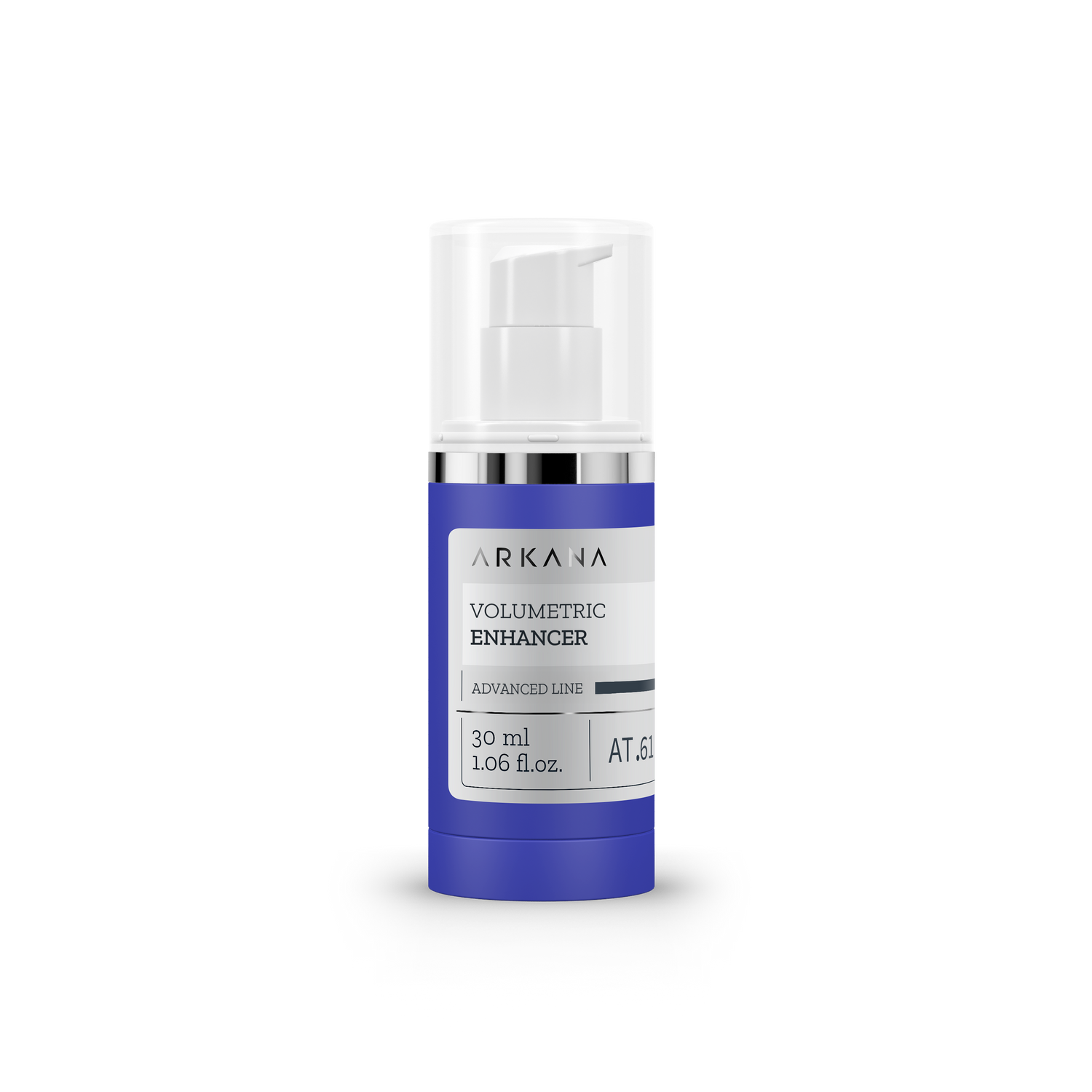 A blue and white pump bottle labeled "Volumetric Enhancer 30ml" stands upright on a plain white background.