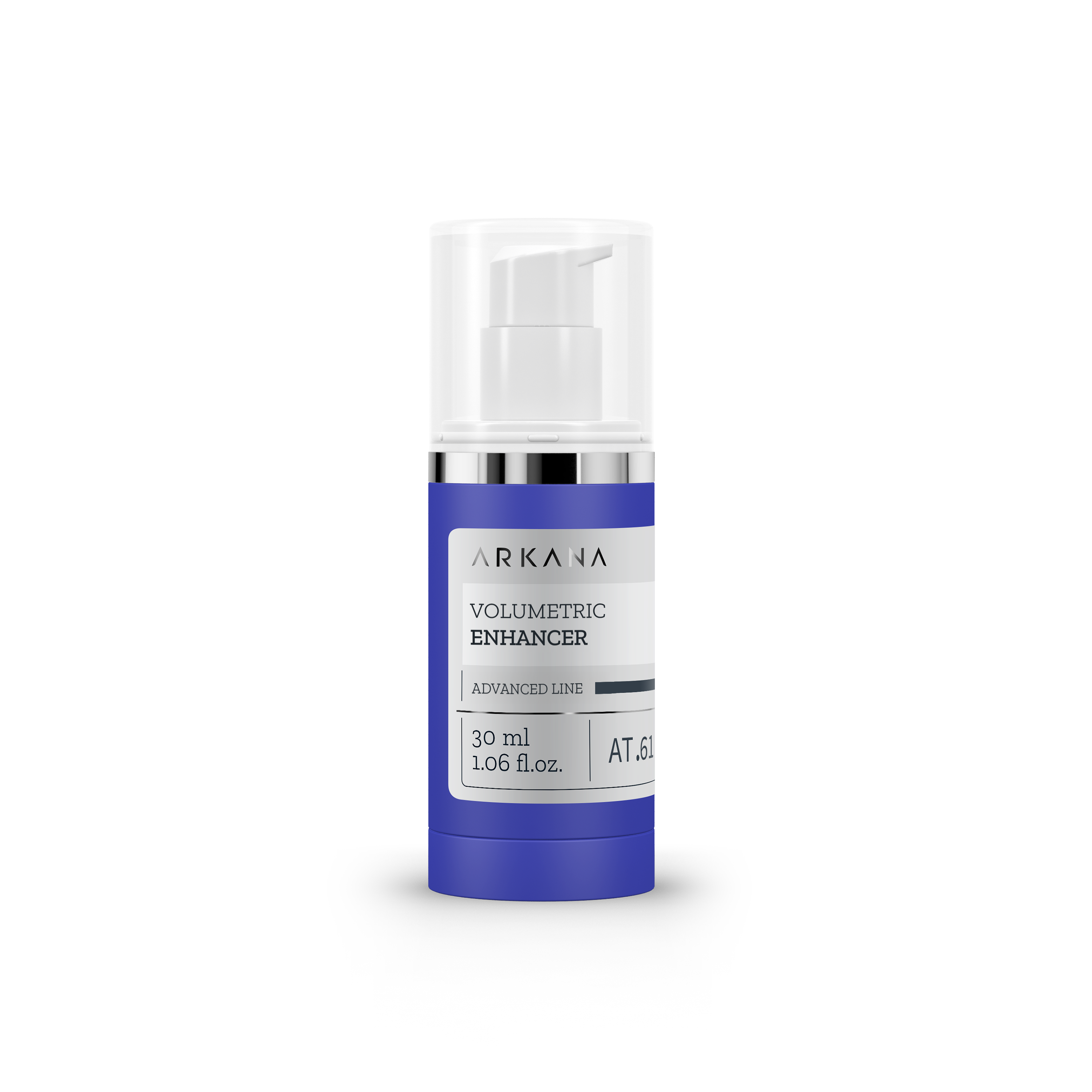 A blue and white pump bottle labeled "Volumetric Enhancer 30ml" stands upright on a plain white background.