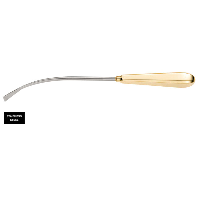 This image shows a medical instrument known as a Daniel Endoforehead Scalp Elevator, 9-1/4″ (23.5cm), Half Curved, featuring a stainless steel curved blade and a gold-colored handle. Designed for precision in procedures such as soft tissue elevation, it is essential for minimally invasive instruments. A small label near it reads &quot;STAINLESS STEEL&quot;.