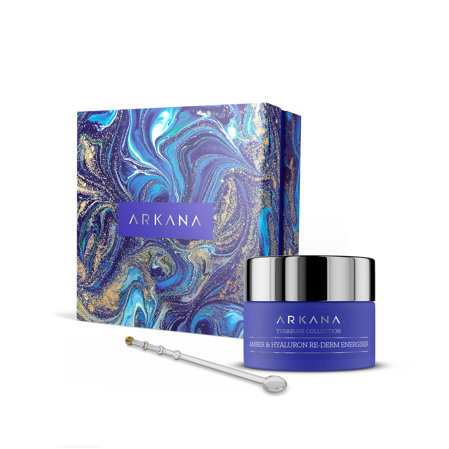 A blue and purple marbled Arkana skincare box sits beside a matching blue jar of Amber &amp; Hyaluronic Re-Derm Energiser 50 ml cream with hyaluronic acid and a silver applicator, all displayed on a white background.