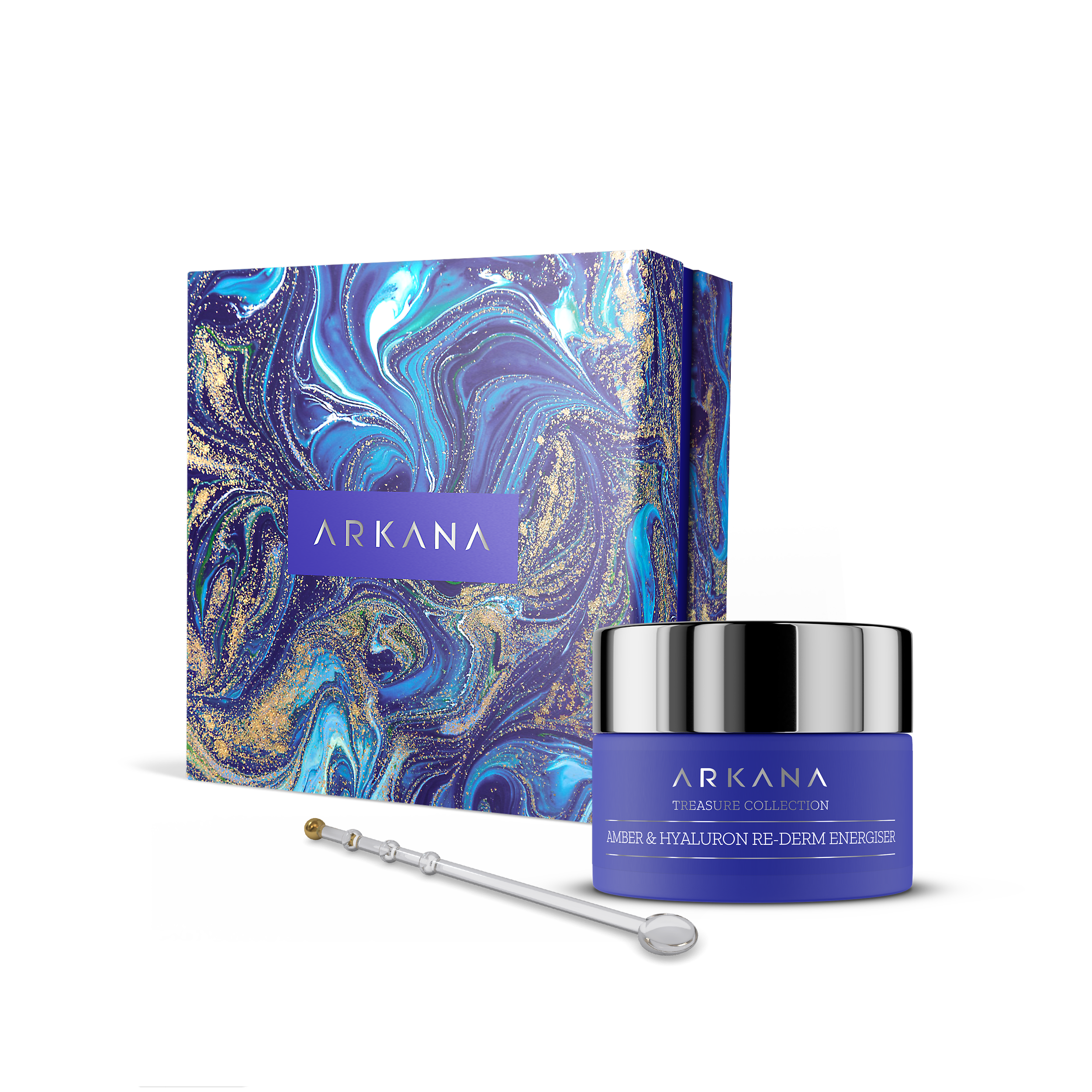 A blue and purple marbled Arkana skincare box sits beside a matching blue jar of Amber &amp; Hyaluronic Re-Derm Energiser 50 ml cream with hyaluronic acid and a silver applicator, all displayed on a white background.