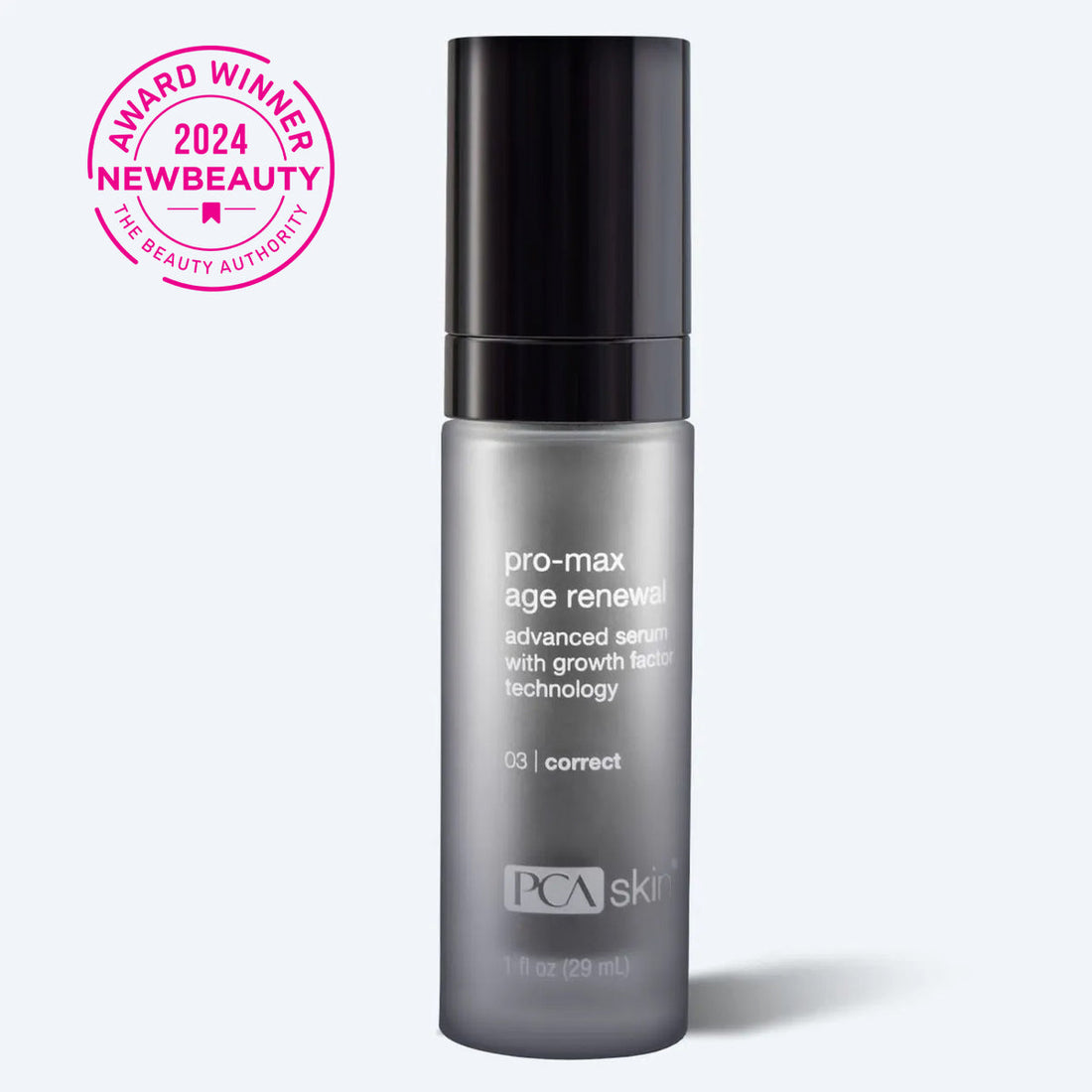 A 1 oz (29 ml) bottle of Pro-Max Age Renewal serum from PCA Skin, equipped with advanced anti-aging Micro Growth Factor Technology, is displayed. The lightweight gray bottle features a black cap and white text. A pink &quot;Award Winner 2024 NewBeauty&quot; badge is prominently shown in the image&