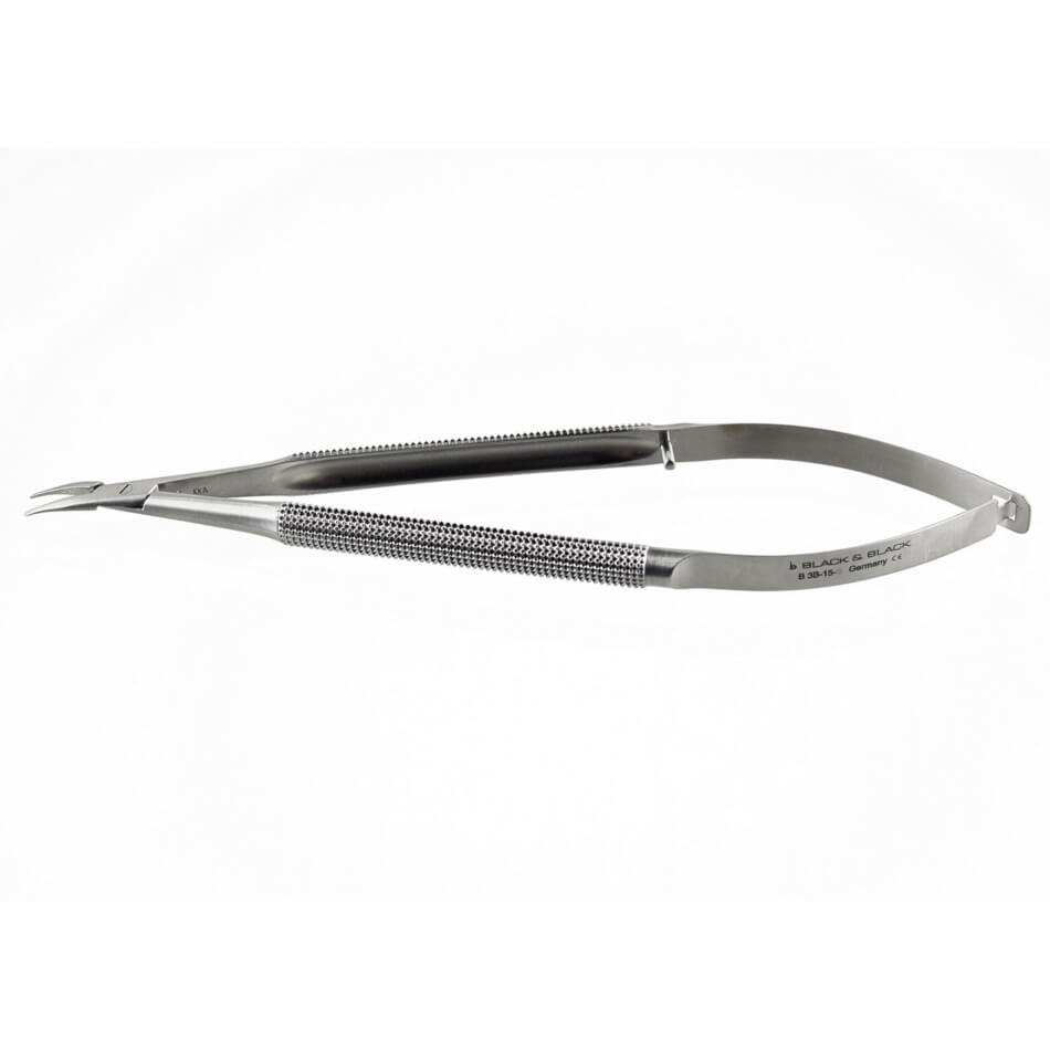 A Micro Needle Holder, 8mm Round Handle, Curved with textured, gripping handles designed for precision tasks in medical or surgical procedures, placed against a plain white background.