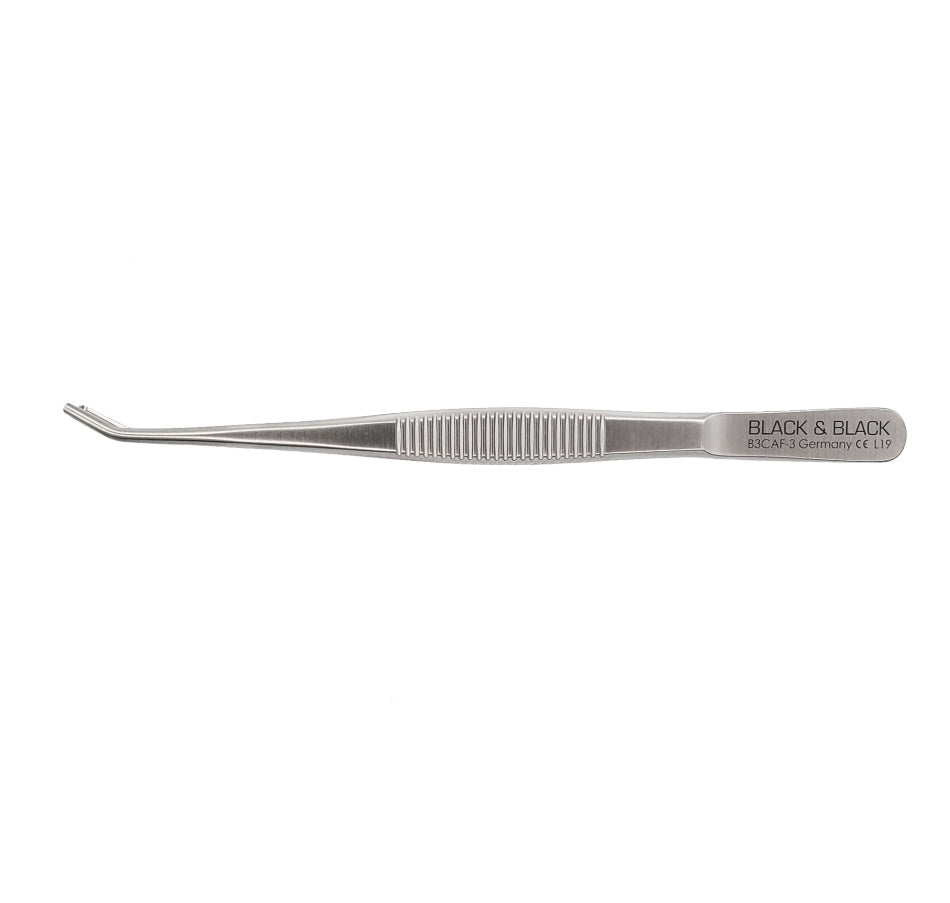 A pair of Micro Clamp Applying Forceps, 5-3/4″ (14cm) with a curved, precision tip. The body of the forceps features a textured grip in the middle and the brand name &quot;Black &amp; Black&quot; is engraved on the handle.