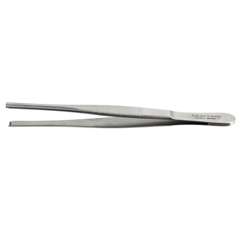 Micro Clamp Applying Forceps, 5-3/4″ (14cm) with a flat tip and a textured grip handle. The tool is shiny and silver in color, designed for precise handling or plucking.