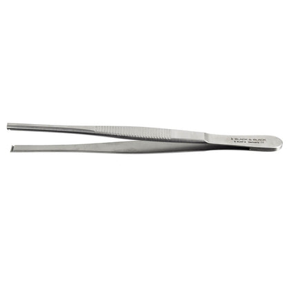 Micro Clamp Applying Forceps, 5-3/4″ (14cm) with a flat tip and a textured grip handle. The tool is shiny and silver in color, designed for precise handling or plucking.