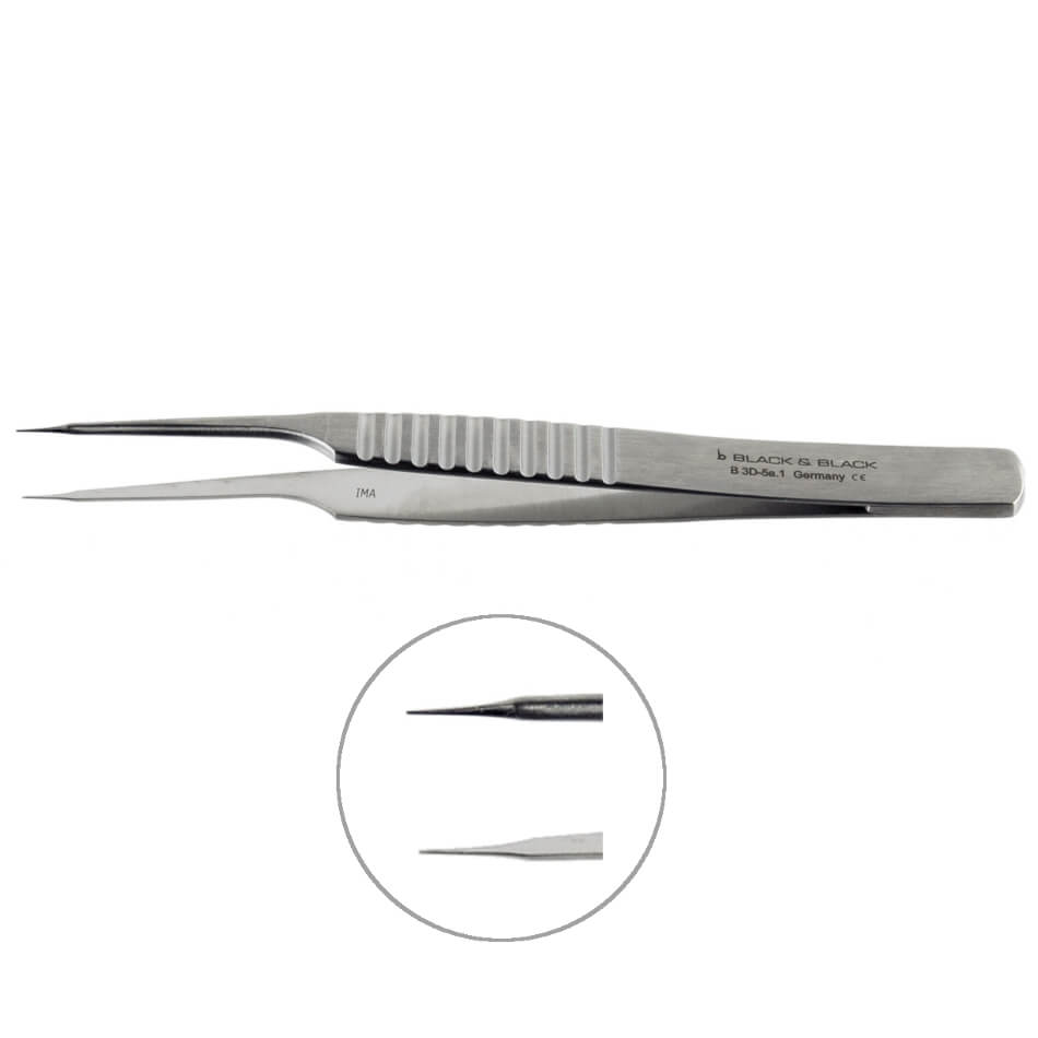 A Micro Vessel Dilator, 4-1/4″ (11cm), Flat Handle, Straight, Angled 10D. The dilator has serrated grips on the handle for better control and a pointed, fine tip for detailed tasks. An inset magnified view shows the dilator from a side angle, highlighting the tip and grip details.