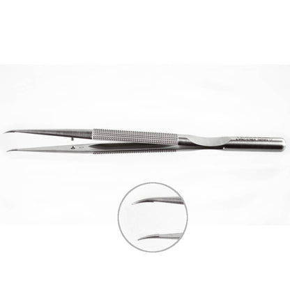 A pair of Micro Forceps, 8mm Round Handle, Counterweight w/ Guide Pin, 6”(15cm), 2mm with a fine tweezer-like tip. The handles are textured for grip. An inset circle provides a close-up view of the precision tips. The tweezer tips appear sharp and delicate, suitable for detailed medical procedures.