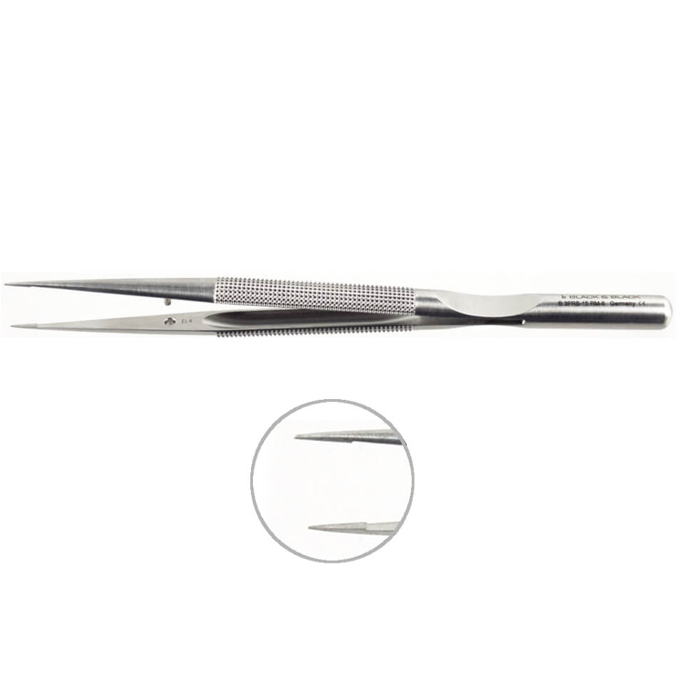 A pair of Micro Forceps, 8mm Round Handle, Counterweight w/ Guide Pin, 6”(15cm), 2mm with a pointed tip and a textured grip area. The image includes a zoomed-in circular inset showing a closer view of the forceps tips to highlight their sharpness and detail.