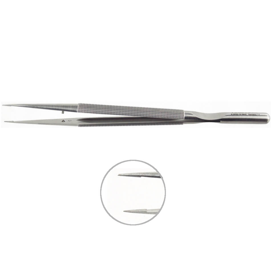 A pair of **Micro Forceps, 8mm Round Handle, Counterweight w/ Guide Pin, 7-1/4”(18cm)** with fine, pointed tips and textured grips. An inset circle magnifies the tip, highlighting the fine detail and precision of the micro forceps.