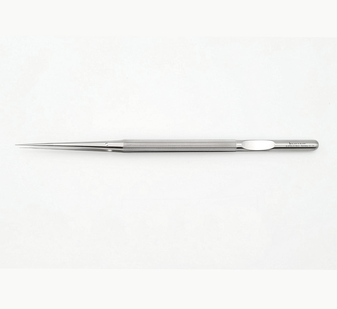 A pair of Micro Forceps, 8mm Round Handle, Counterweight w/ Guide Pin, 8-1/4″ (21cm), 2mm, Platform 8 x 0.5mm, Straight with a ribbed handle, made of stainless steel, set against a plain white background.