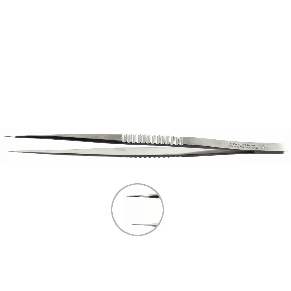 A Micro Vessel Dilator, 7-1/4″ (18cm), Flat Handle, Straight with fine pointed tips. The dilator features a textured grip section along the middle and has an enclosed circle showing a magnified view of the tips. The dilator is displayed against a white background.