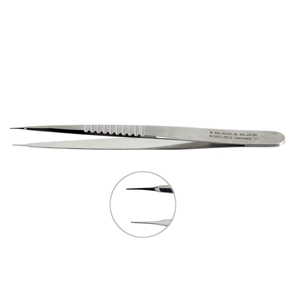 A Micro Vessel Dilator, 5-3/8″ (13.5cm), Flat Handle, Straight. The dilator has a sleek design with a ridged grip area for precise handling. A zoomed-in circular inset highlights the sharp, tapered tip. The branding &quot;BLACK &amp; BLACK&quot; and &quot;Germany&quot; is visible.