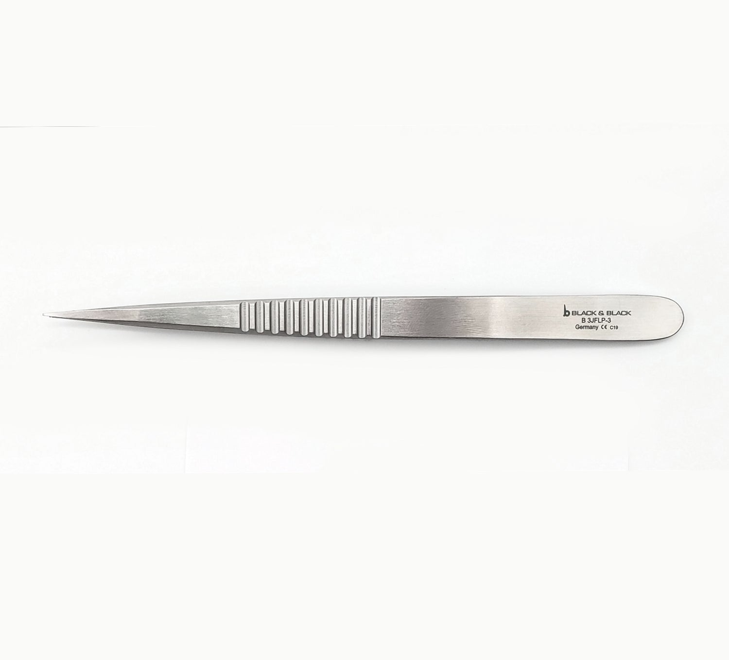 A pair of Micro Forceps, 5-3/8″ (13.5cm), Flat Handle 9mm Wide, 0.3mm with ridges near the tips for better grip. The handle is engraved with branding and production information. The forceps are placed horizontally against a plain white background.