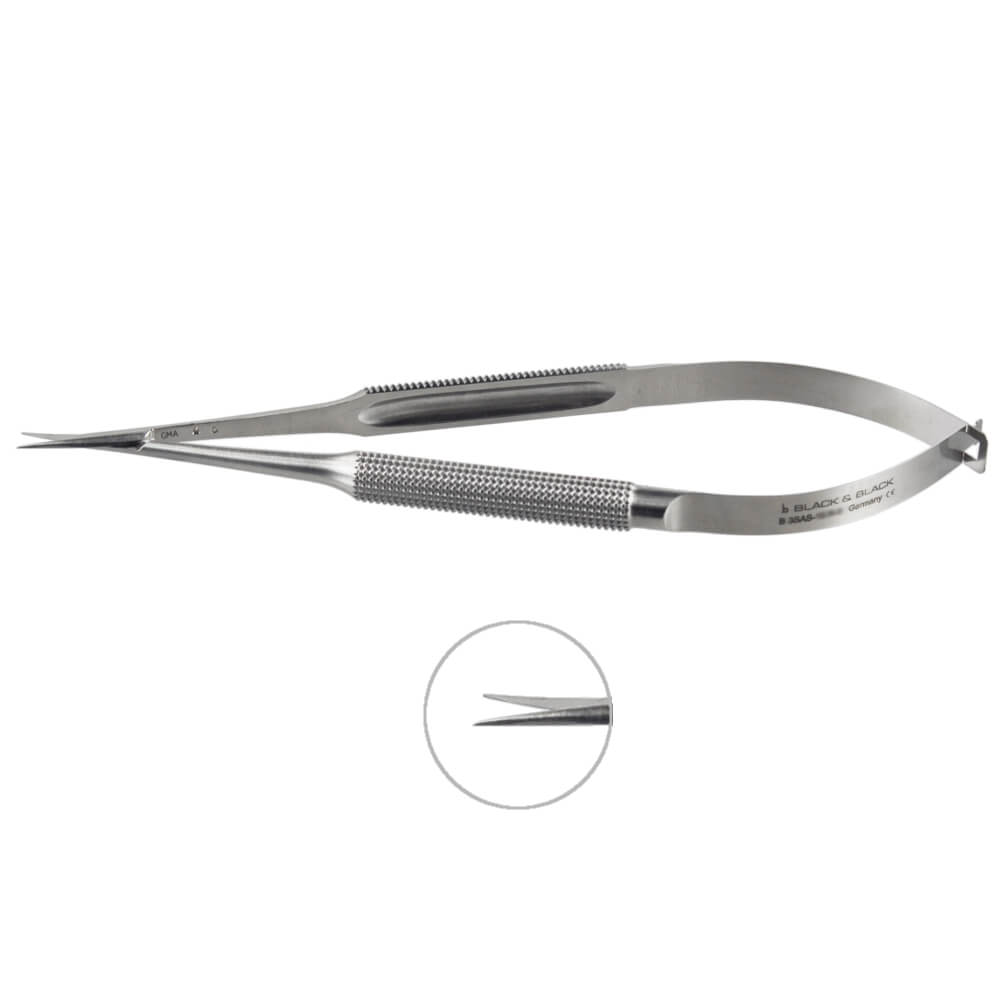 A pair of Micro Scissors, Adventita Blade with a curved handle and tapered, pointed tips. The close-up image highlights the fine precision tips, suitable for delicate procedures. The handle features a textured grip for improved handling.