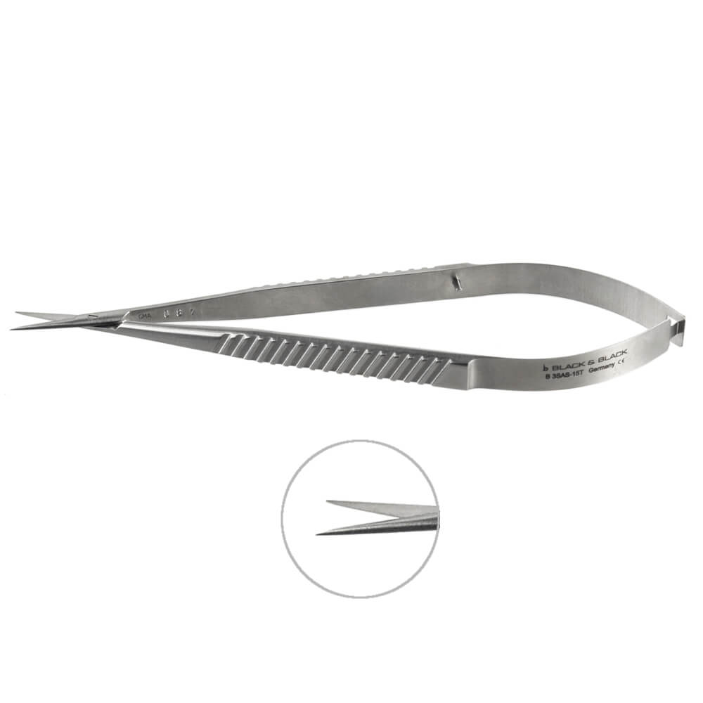 A pair of Micro Scissors, Long Adventita Blade with a curved handle and fine, sharp blades designed for precision cutting. The image also includes a zoomed-in circle that highlights the tips of the scissor blades.